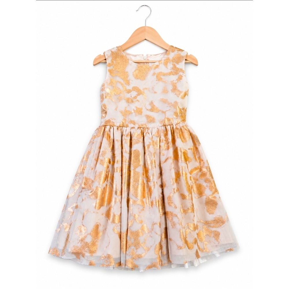 The Childrens Place Girls Gold Metallic Floral Brocade Party Dress Size 10 Cream